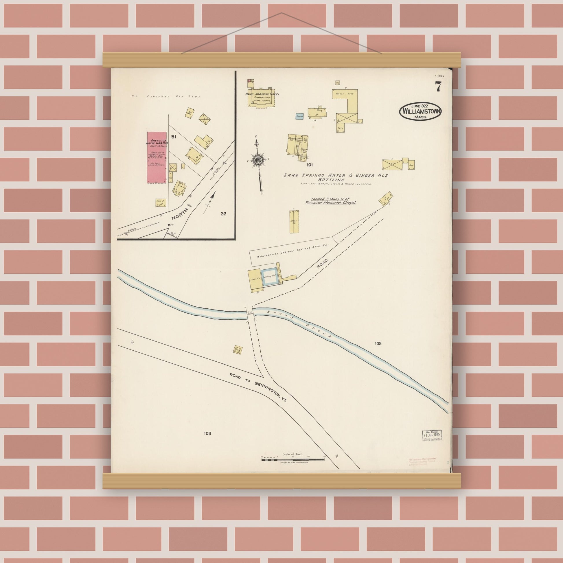 Old map wall art mockup — magnetic wood frame on brick wall — Sanborn Fire Insurance Map from Williamstown, Berkshire County, Massachusetts (1922), Sheet #0007