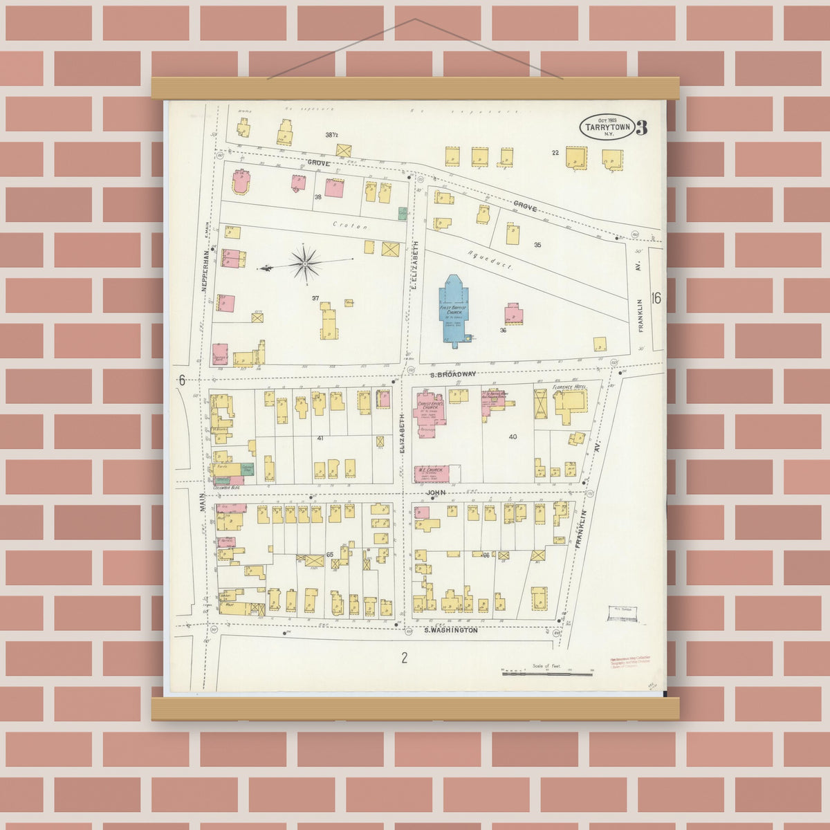 Old map wall art mockup — magnetic wood frame on brick wall — Sanborn Fire Insurance Map from Tarrytown, Westchester County, New York (1903), Sheet #0003