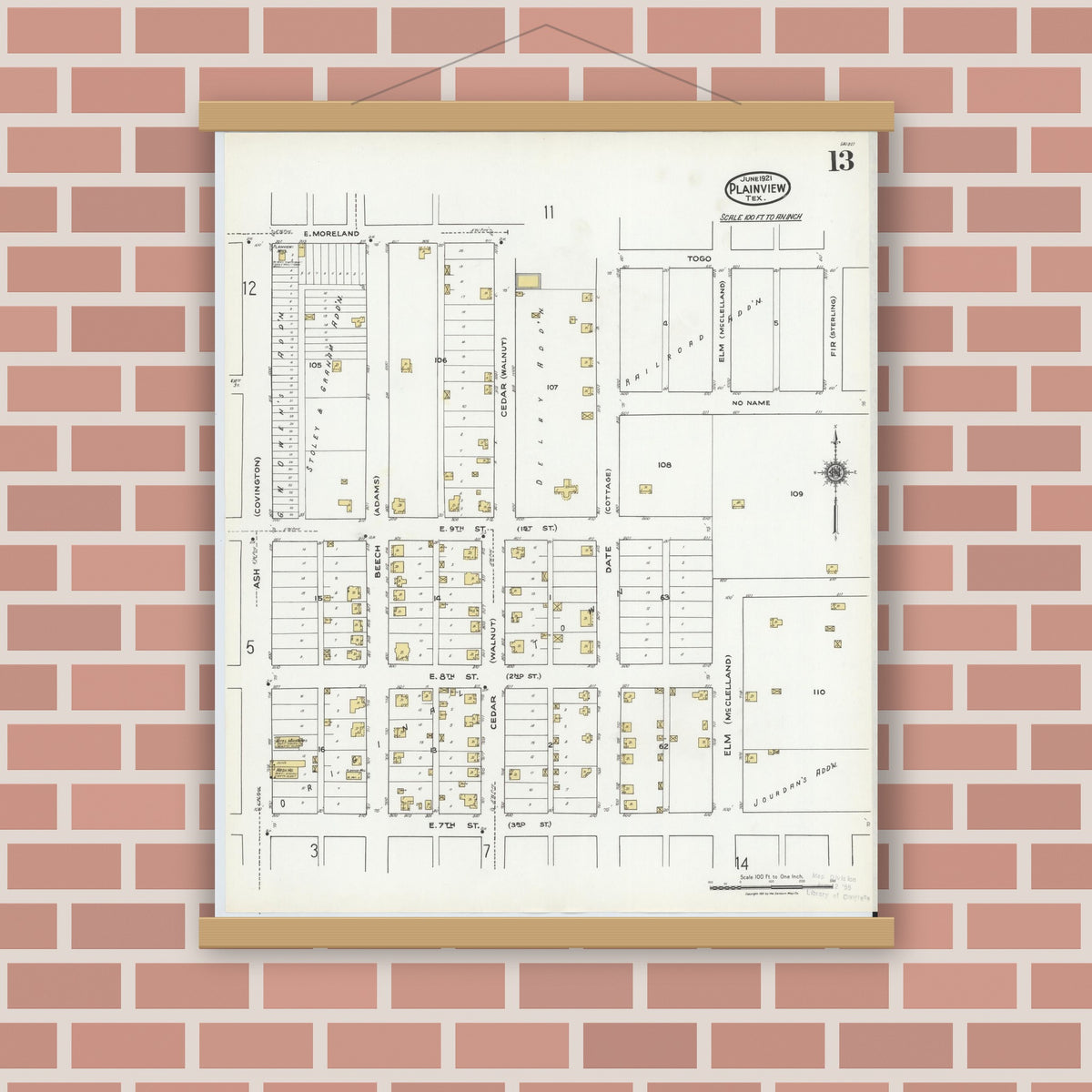 Old map wall art mockup — magnetic wood frame on brick wall — Sanborn Fire Insurance Map from Plainview, Hale County, Texas (1921), Sheet #0013