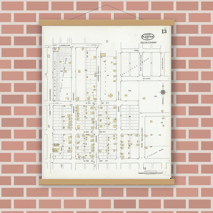 Old map wall art mockup — magnetic wood frame on brick wall — Sanborn Fire Insurance Map from Plainview, Hale County, Texas (1921), Sheet #0013