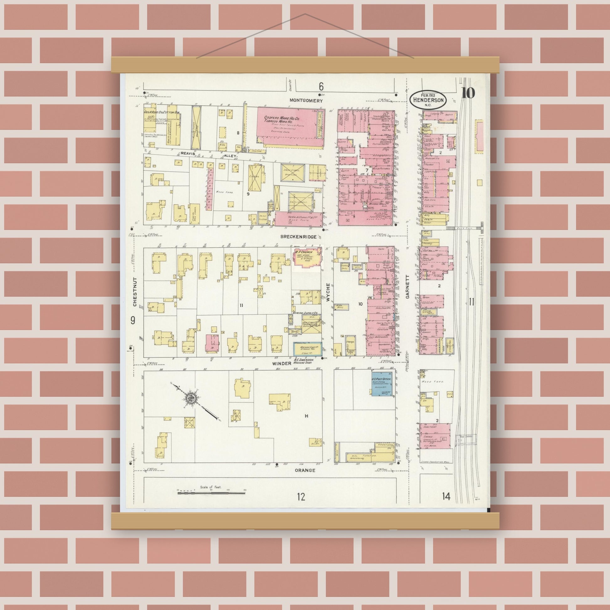 Old map wall art mockup — magnetic wood frame on brick wall — Sanborn Fire Insurance Map from Henderson, Vance County, North Carolina (1912), Sheet #0010