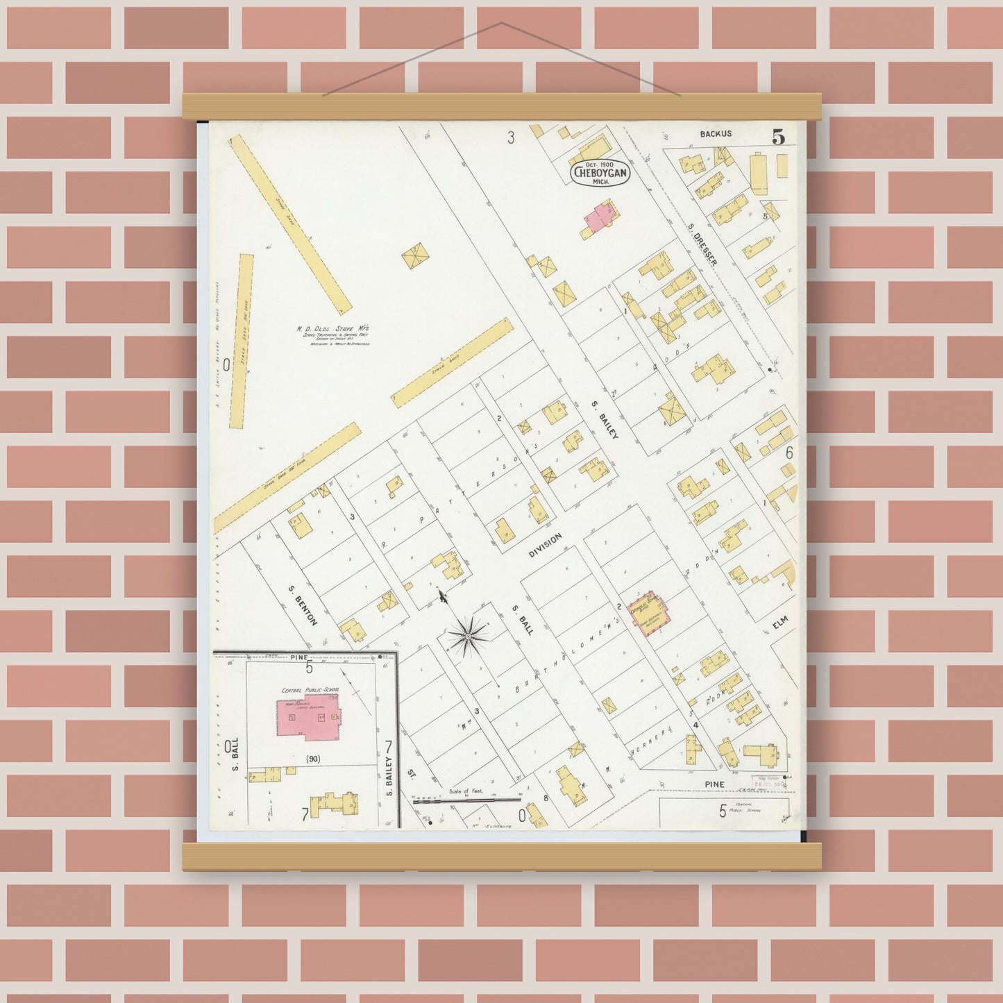 Old map wall art mockup — magnetic wood frame on brick wall — Sanborn Fire Insurance Map from Cheboygan, Cheboygan County, Michigan (1900), Sheet #0005