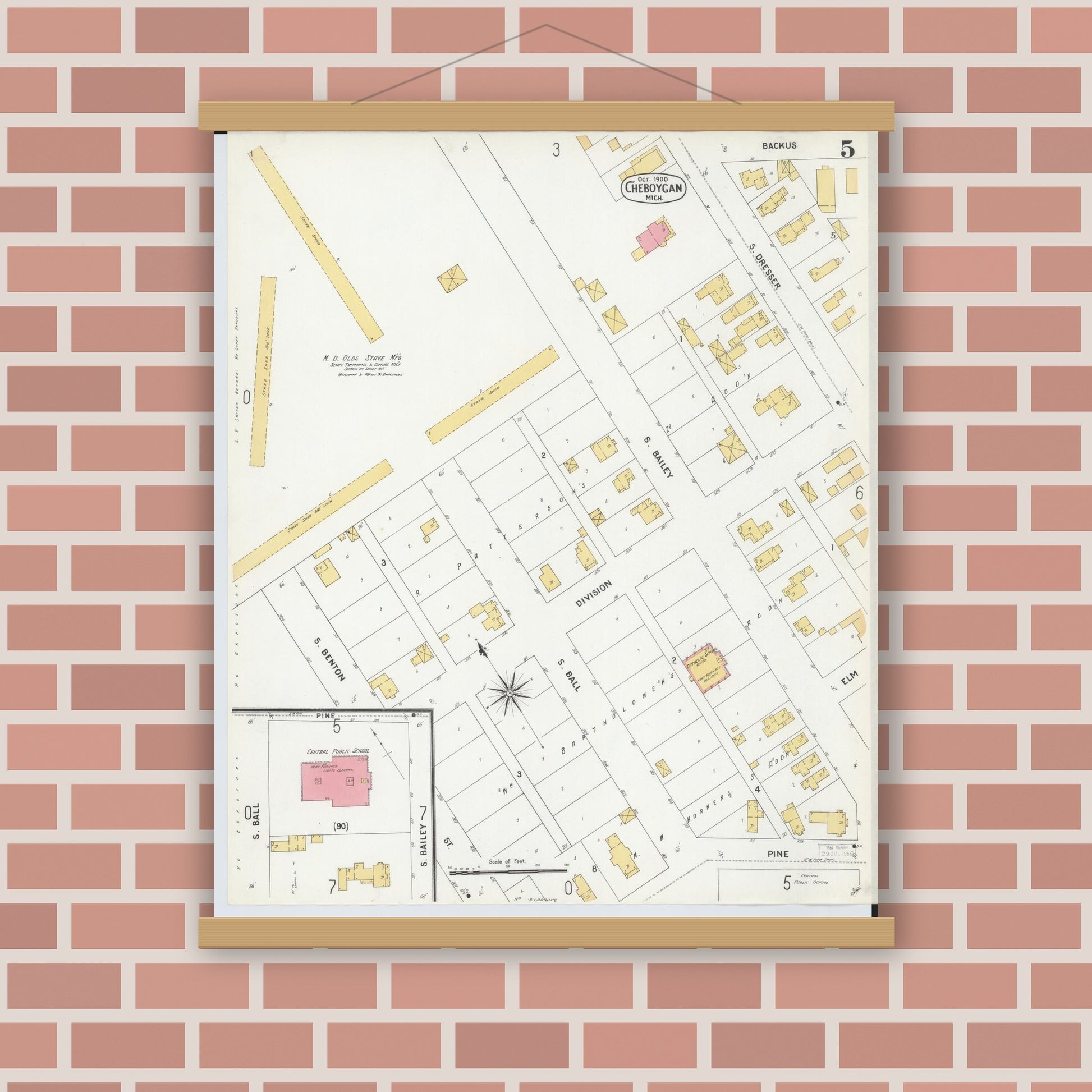 Old map wall art mockup — magnetic wood frame on brick wall — Sanborn Fire Insurance Map from Cheboygan, Cheboygan County, Michigan (1900), Sheet #0005