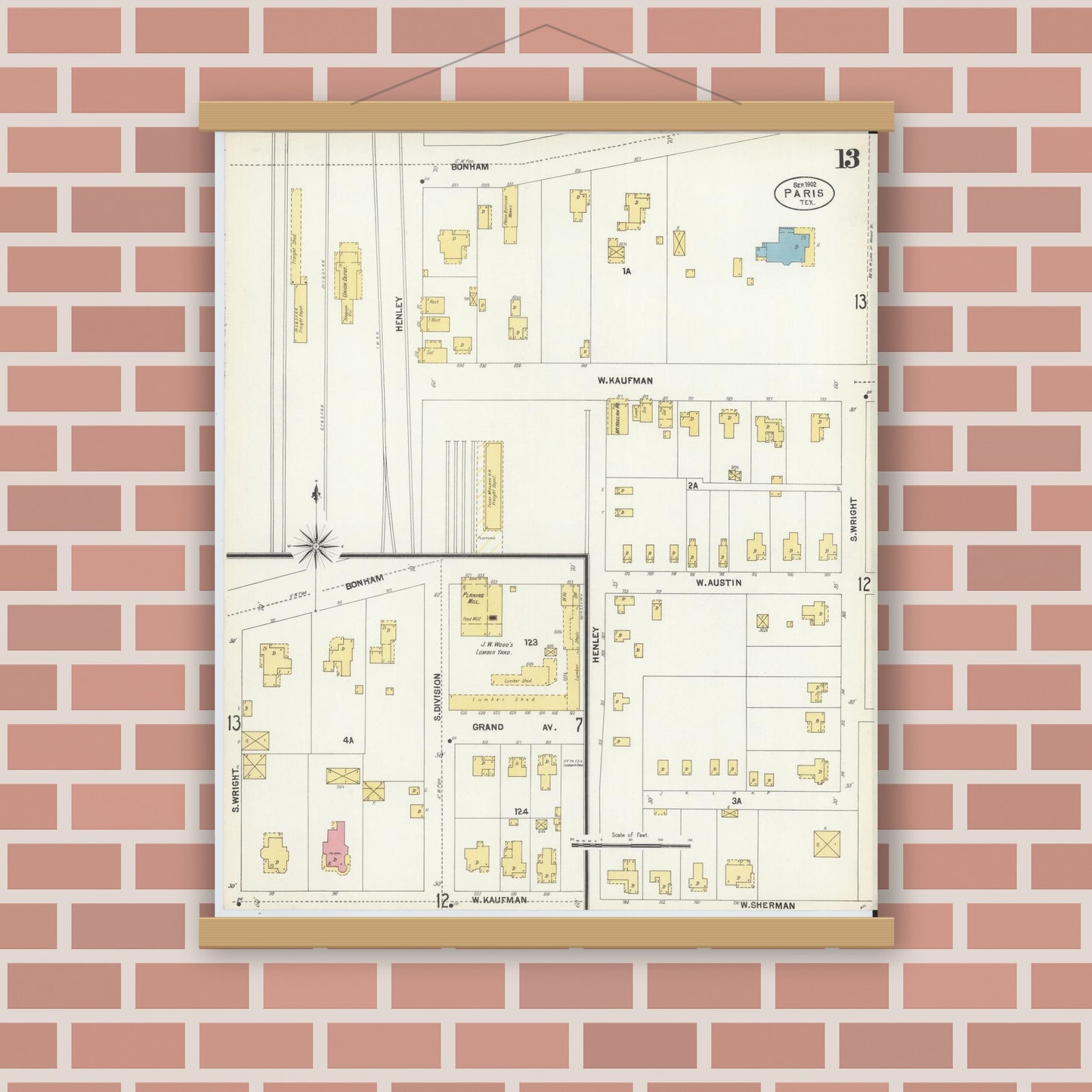 Old map wall art mockup — magnetic wood frame on brick wall — Sanborn Fire Insurance Map from Paris, Lamar County, Texas (1902), Sheet #0013