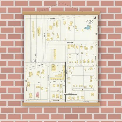 Old map wall art mockup — magnetic wood frame on brick wall — Sanborn Fire Insurance Map from Paris, Lamar County, Texas (1902), Sheet #0013