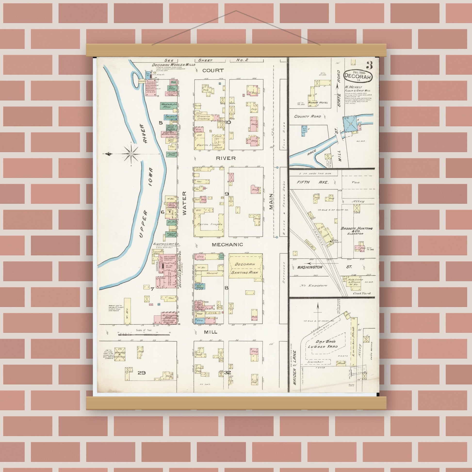 Old map wall art mockup — magnetic wood frame on brick wall — Sanborn Fire Insurance Map from Decorah, Winneshiek County, Iowa (1885), Sheet #0003