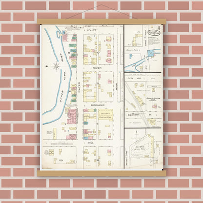 Old map wall art mockup — magnetic wood frame on brick wall — Sanborn Fire Insurance Map from Decorah, Winneshiek County, Iowa (1885), Sheet #0003