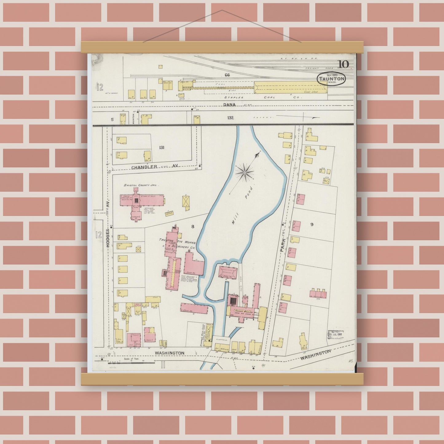 Old map wall art mockup — magnetic wood frame on brick wall — Sanborn Fire Insurance Map from Taunton, Bristol County, Massachusetts (1893), Sheet #0010