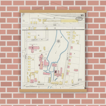 Old map wall art mockup — magnetic wood frame on brick wall — Sanborn Fire Insurance Map from Taunton, Bristol County, Massachusetts (1893), Sheet #0010