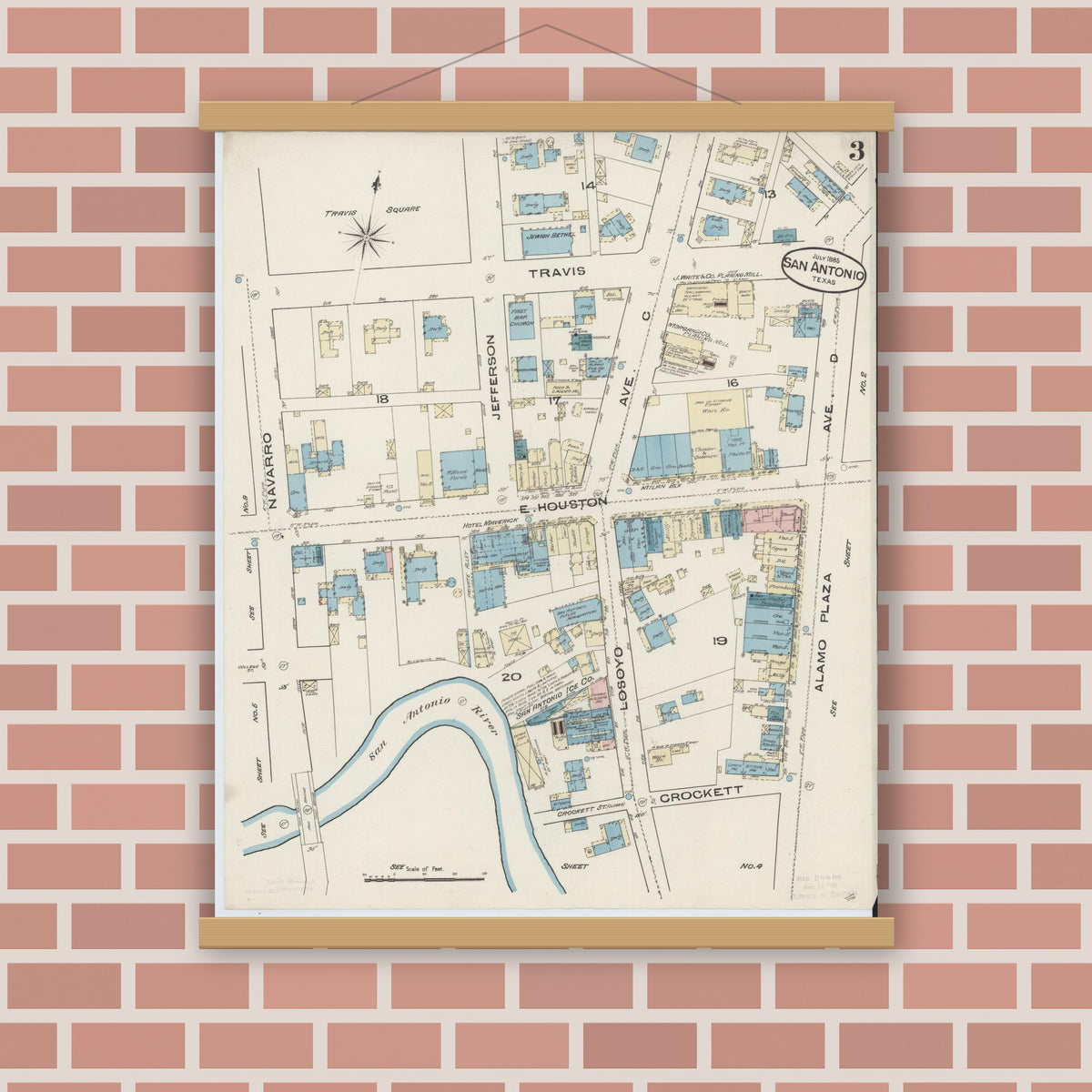 Old map wall art mockup — magnetic wood frame on brick wall — Sanborn Fire Insurance Map from San Antonio, Bexar County, Texas (1885), Sheet #0003