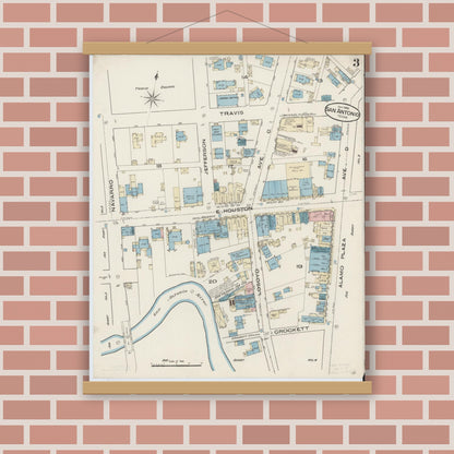 Old map wall art mockup — magnetic wood frame on brick wall — Sanborn Fire Insurance Map from San Antonio, Bexar County, Texas (1885), Sheet #0003