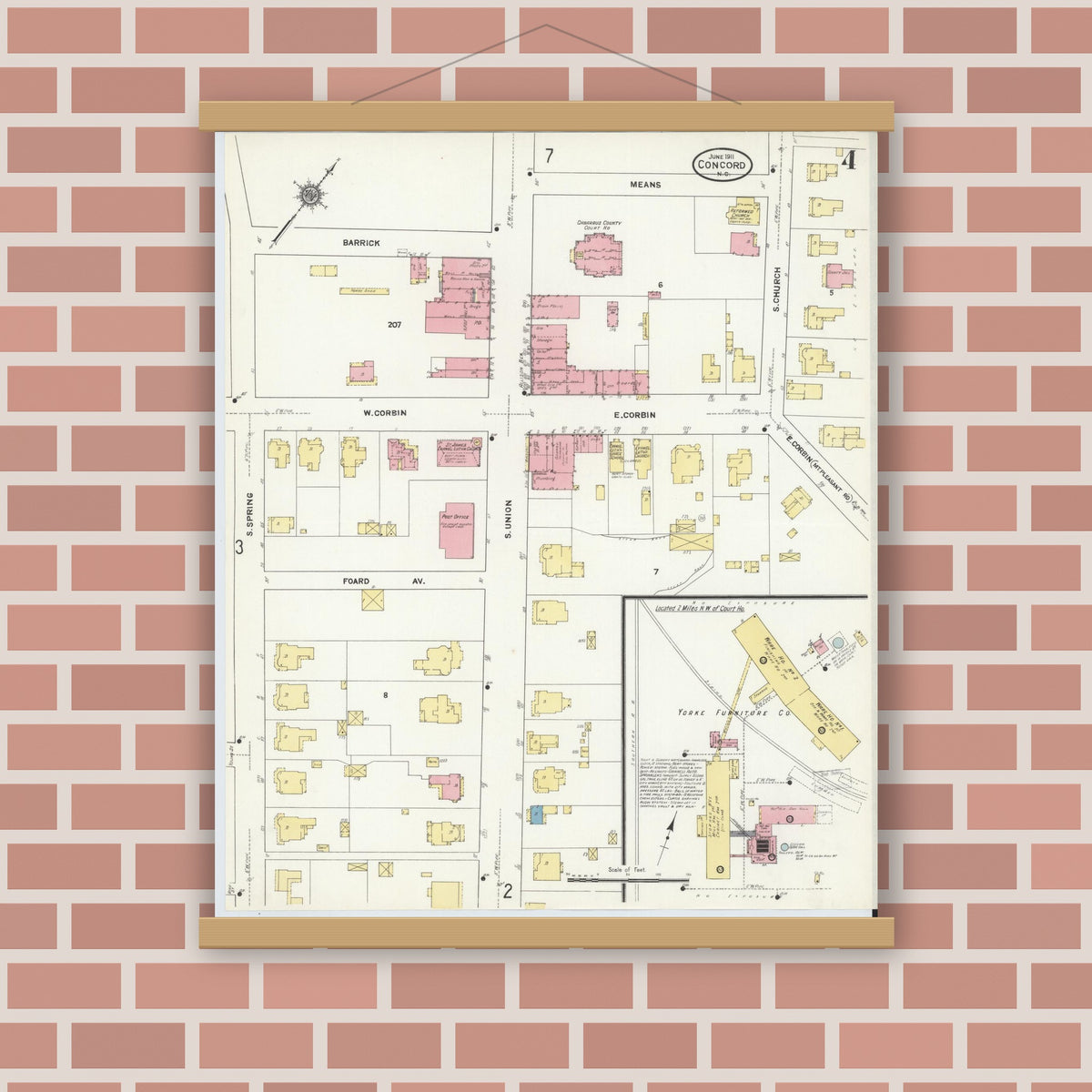 Old map wall art mockup — magnetic wood frame on brick wall — Sanborn Fire Insurance Map from Concord, Cabarrus County, North Carolina (1911), Sheet #0004