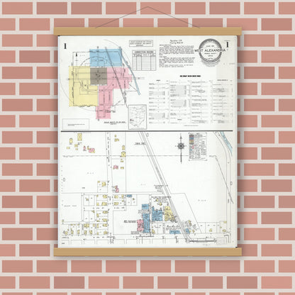 Old map wall art mockup — magnetic wood frame on brick wall — Sanborn Fire Insurance Map from West Alexandria, Preble County, Ohio (1951) - Complete Map Set