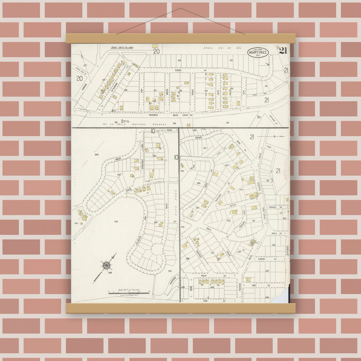 Old map wall art mockup — magnetic wood frame on brick wall — Sanborn Fire Insurance Map from Martinez, Contra Costa County, California (1920), Sheet #0021