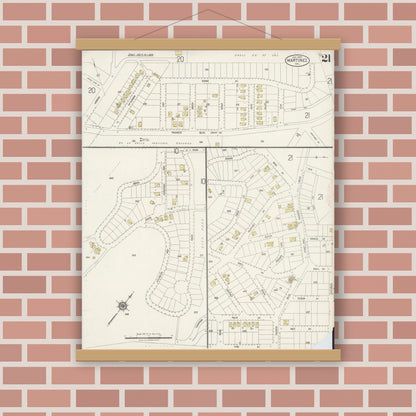 Old map wall art mockup — magnetic wood frame on brick wall — Sanborn Fire Insurance Map from Martinez, Contra Costa County, California (1920), Sheet #0021