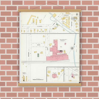 Old map wall art mockup — magnetic wood frame on brick wall — Sanborn Fire Insurance Map from Union City, Branch And Calhoun Counties, Michigan (1899), Sheet #0002