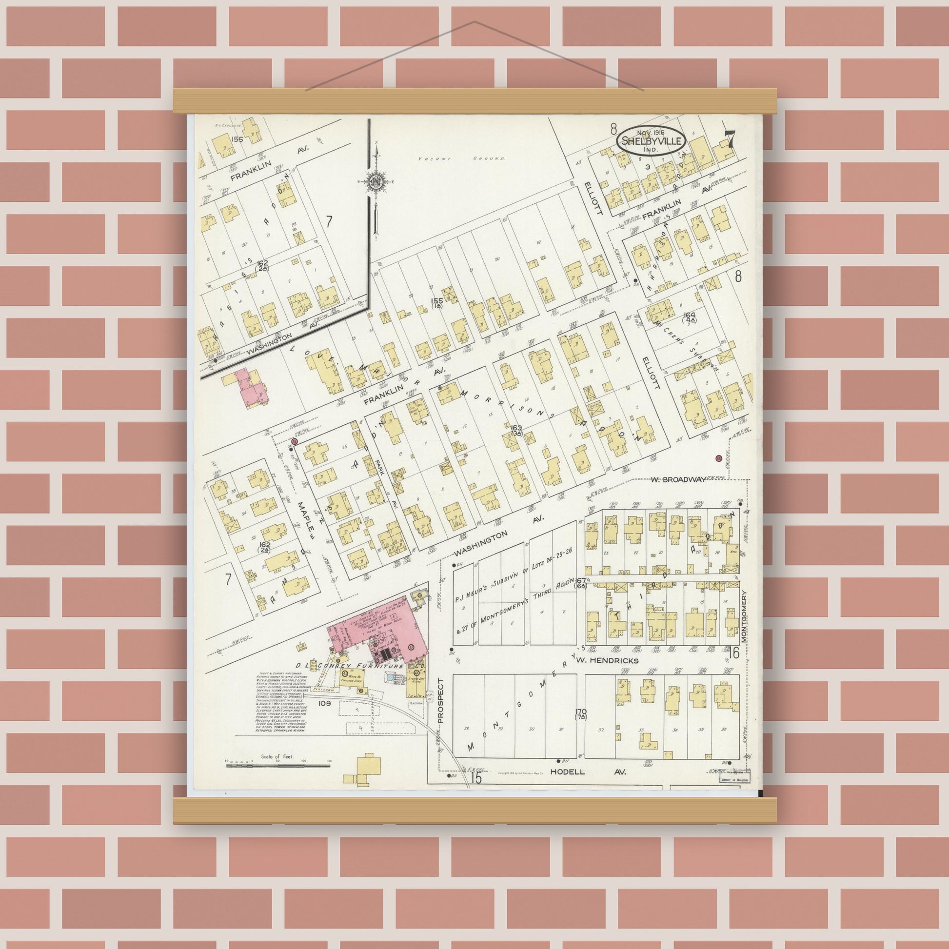 Old map wall art mockup — magnetic wood frame on brick wall — Sanborn Fire Insurance Map from Shelbyville, Shelby County, Indiana (1916), Sheet #0007
