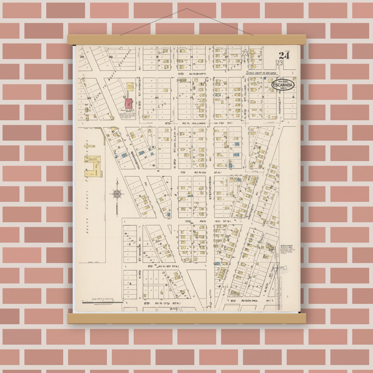 Old map wall art mockup — magnetic wood frame on brick wall — Sanborn Fire Insurance Map from Escanaba, Delta County, Michigan (1921), Sheet #0024