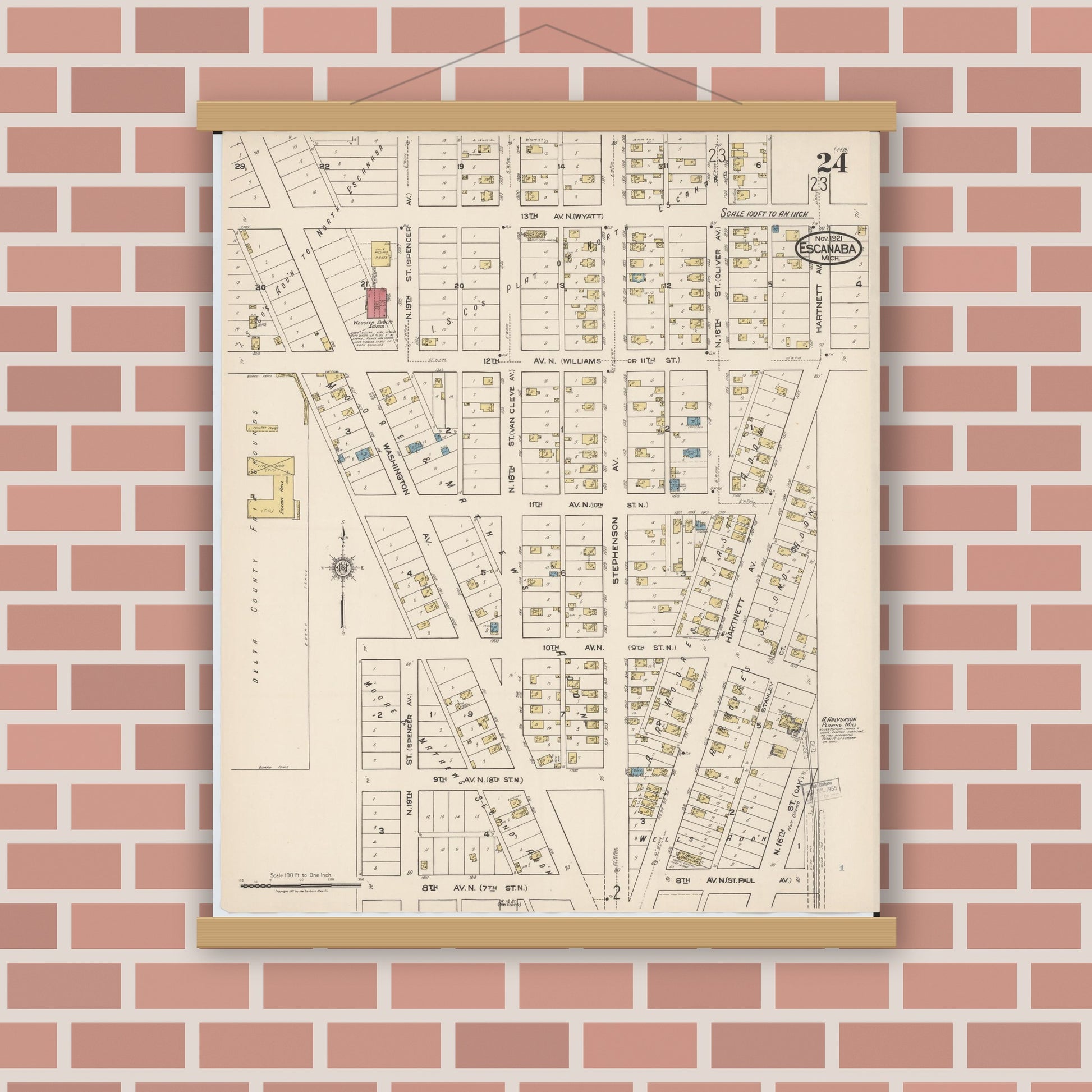 Old map wall art mockup — magnetic wood frame on brick wall — Sanborn Fire Insurance Map from Escanaba, Delta County, Michigan (1921), Sheet #0024