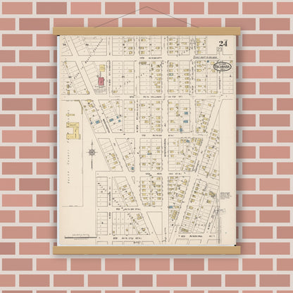 Old map wall art mockup — magnetic wood frame on brick wall — Sanborn Fire Insurance Map from Escanaba, Delta County, Michigan (1921), Sheet #0024