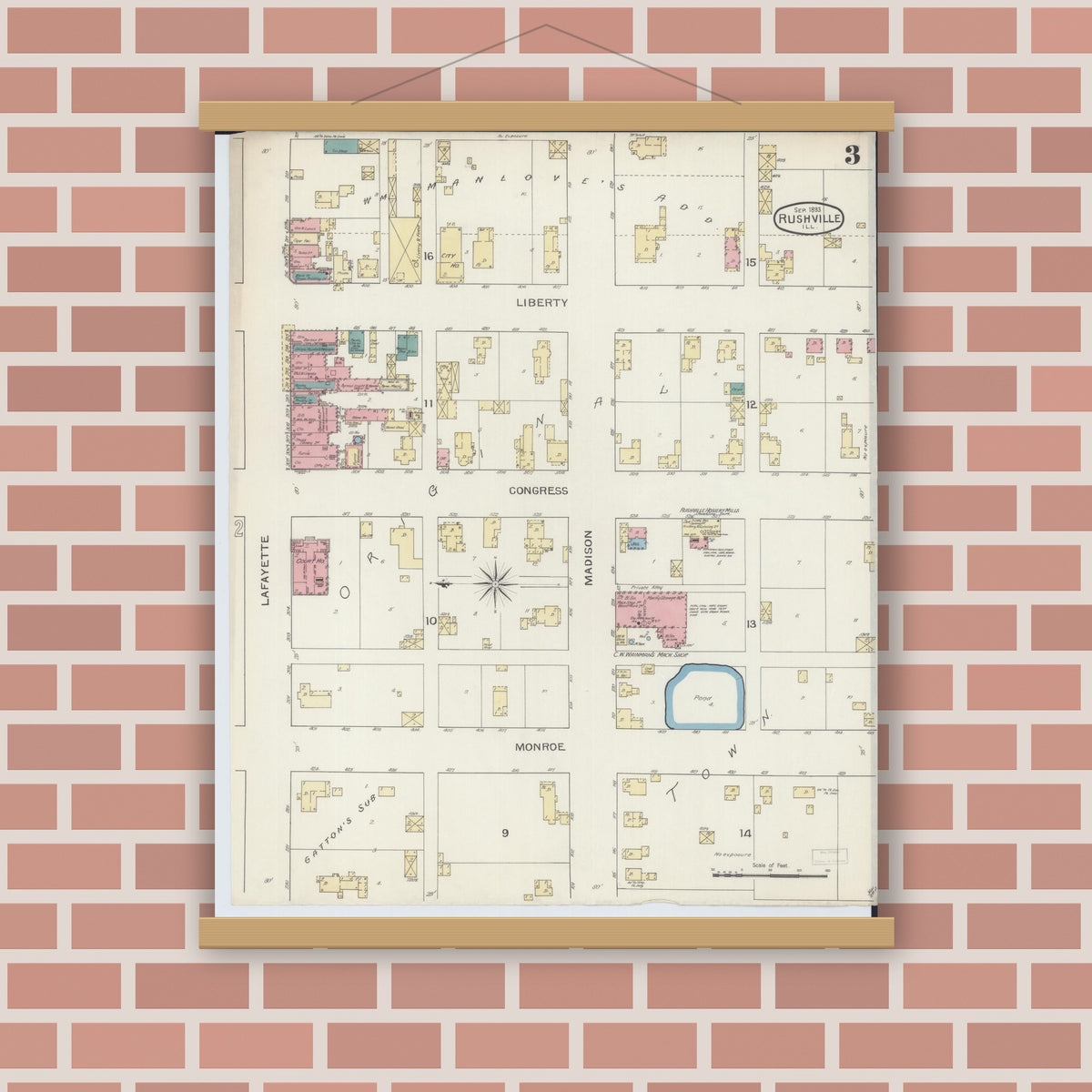 Old map wall art mockup — magnetic wood frame on brick wall — Sanborn Fire Insurance Map from Rushville, Schuyler County, Illinois (1893), Sheet #0003