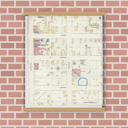 Old map wall art mockup — magnetic wood frame on brick wall — Sanborn Fire Insurance Map from Rushville, Schuyler County, Illinois (1893), Sheet #0003