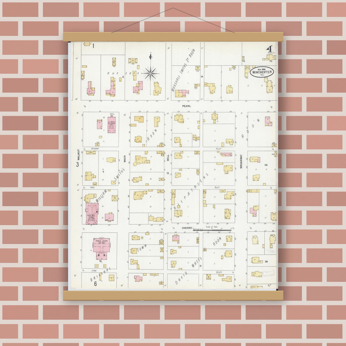 Old map wall art mockup — magnetic wood frame on brick wall — Sanborn Fire Insurance Map from Winchester, Scott County, Illinois (1906), Sheet #0004