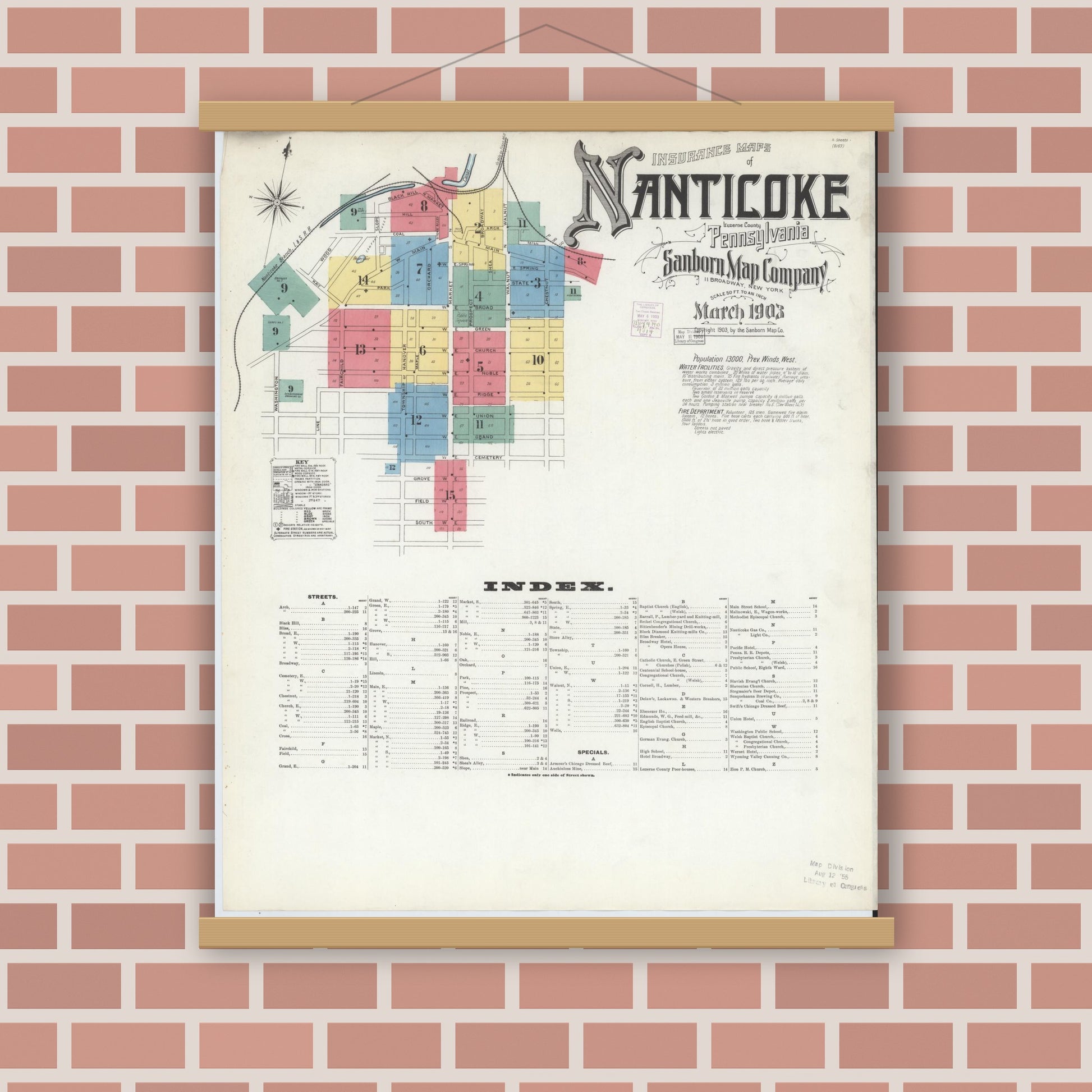 Old map wall art mockup — magnetic wood frame on brick wall — Sanborn Fire Insurance Map from Nanticoke, Luzerne County, Pennsylvania (1903) - Complete Map Set