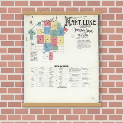 Old map wall art mockup — magnetic wood frame on brick wall — Sanborn Fire Insurance Map from Nanticoke, Luzerne County, Pennsylvania (1903) - Complete Map Set