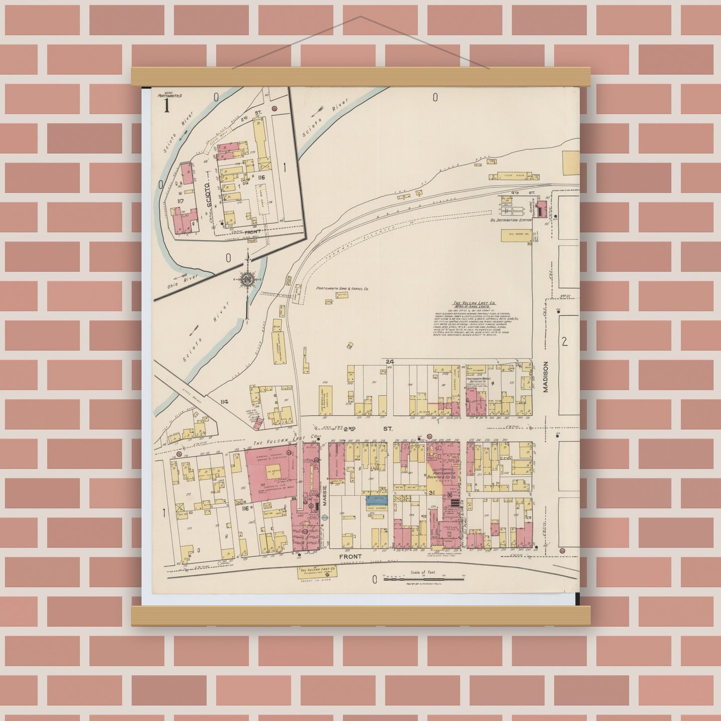 Old map wall art mockup — magnetic wood frame on brick wall — Sanborn Fire Insurance Map from Portsmouth, Scioto County, Ohio (1921) - Complete Map Set