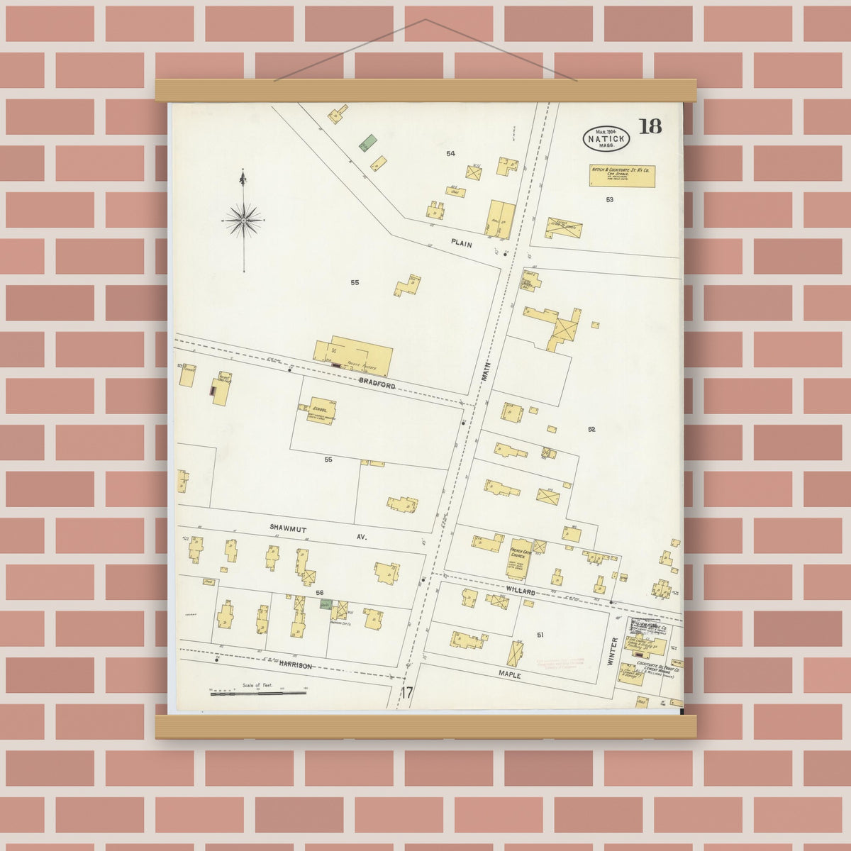 Old map wall art mockup — magnetic wood frame on brick wall — Sanborn Fire Insurance Map from Natick, Middlesex County, Massachusetts (1904), Sheet #0018