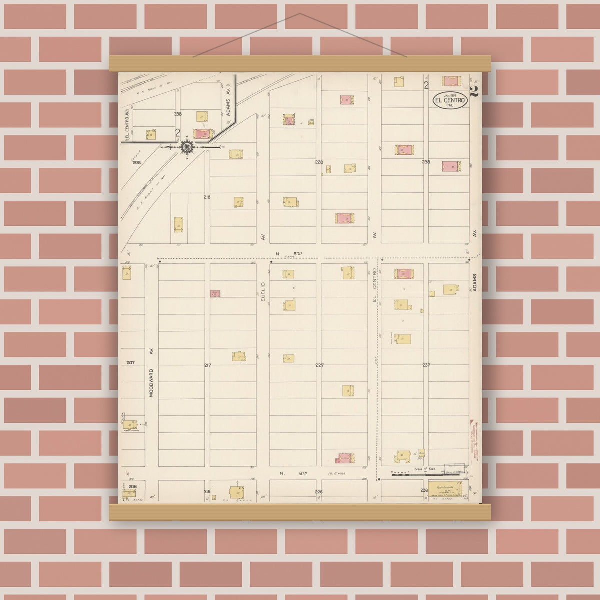 Old map wall art mockup — magnetic wood frame on brick wall — Sanborn Fire Insurance Map from El Centro, Imperial County, California (1914), Sheet #0002