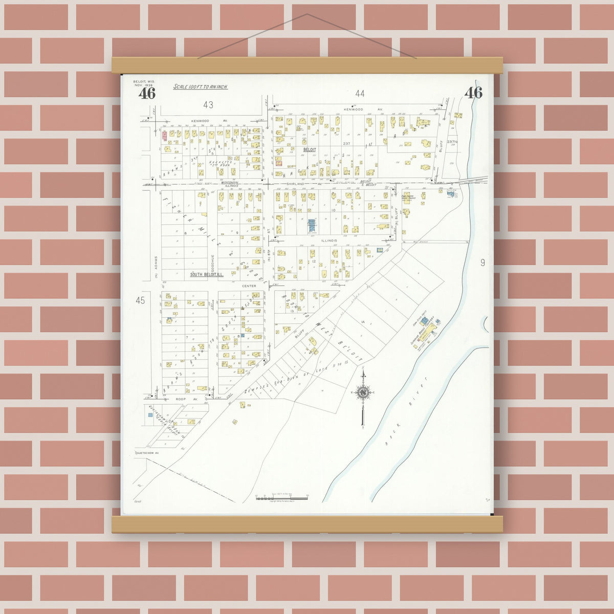 Old map wall art mockup — magnetic wood frame on brick wall — Sanborn Fire Insurance Map from Beloit, Rock County, Wisconsin (1939), Sheet #0046