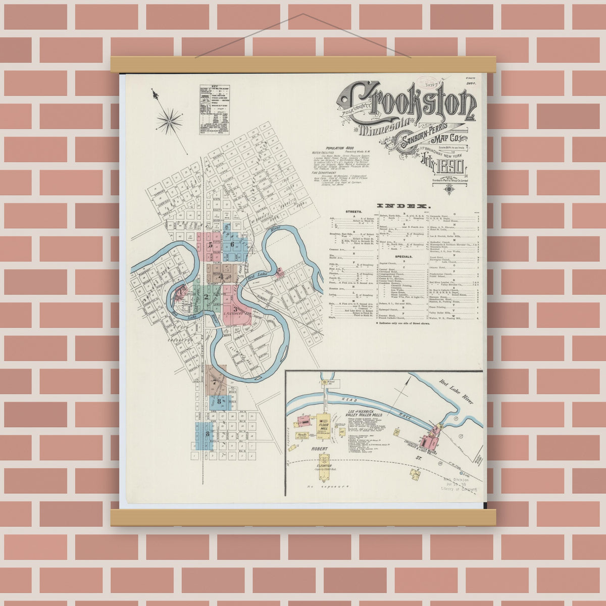 Old map wall art mockup — magnetic wood frame on brick wall — Sanborn Fire Insurance Map from Crookston, Polk County, Minnesota (1890) - Complete Map Set