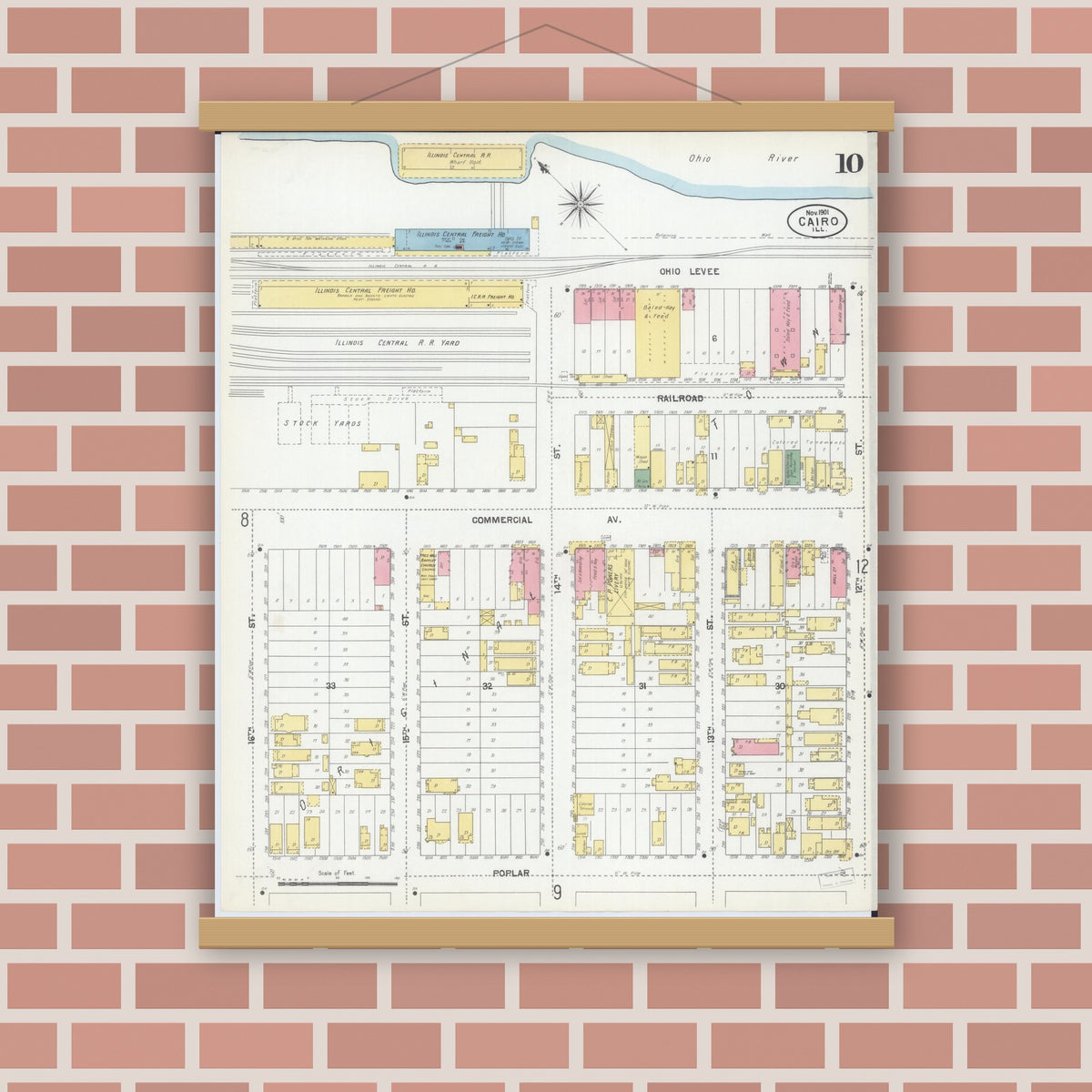Old map wall art mockup — magnetic wood frame on brick wall — Sanborn Fire Insurance Map from Cairo, Alexander County, Illinois (1901), Sheet #0010