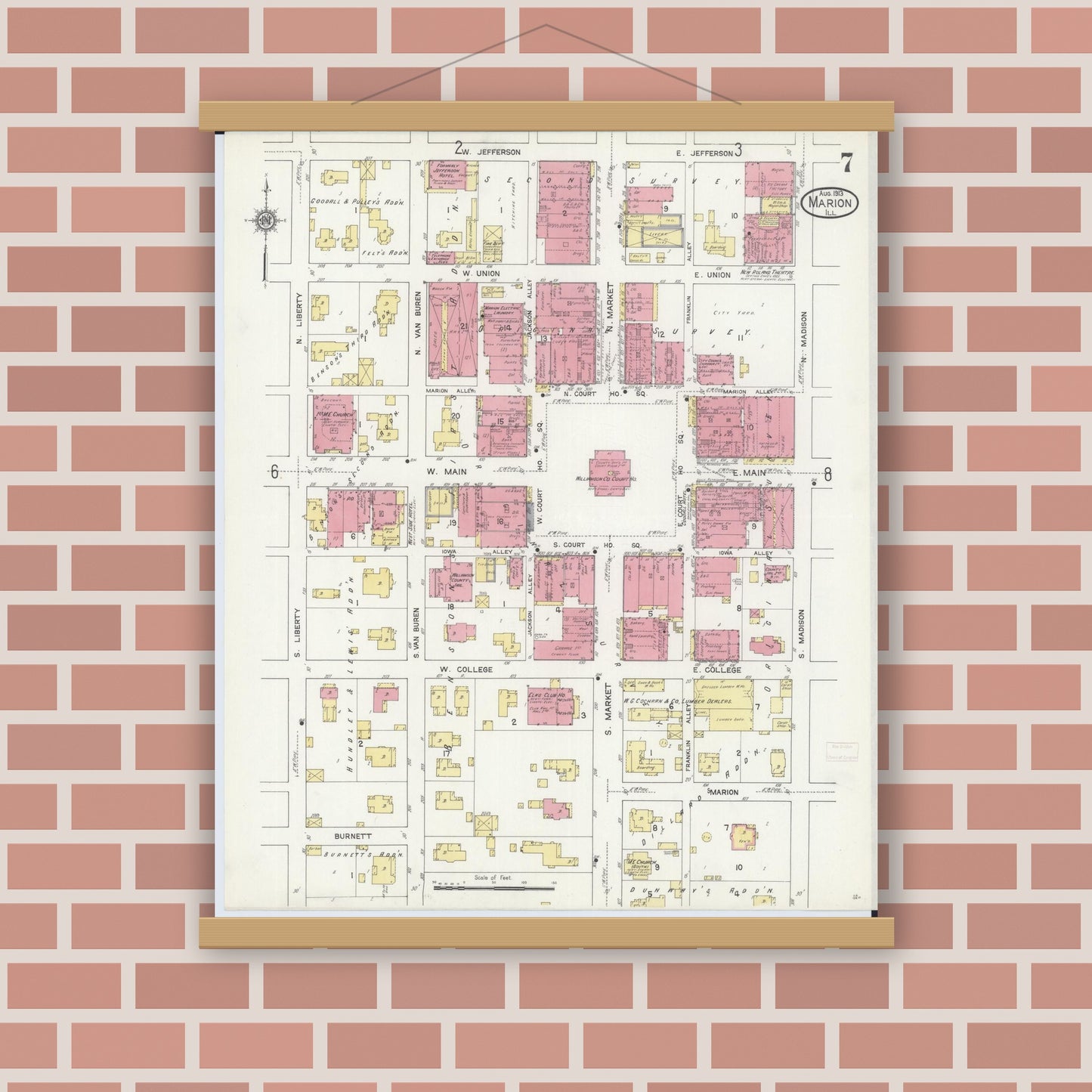Old map wall art mockup — magnetic wood frame on brick wall — Sanborn Fire Insurance Map from Marion, Williamson County, Illinois (1913), Sheet #0007