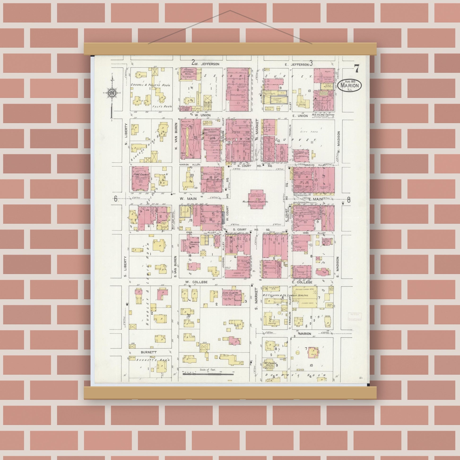 Old map wall art mockup — magnetic wood frame on brick wall — Sanborn Fire Insurance Map from Marion, Williamson County, Illinois (1913), Sheet #0007