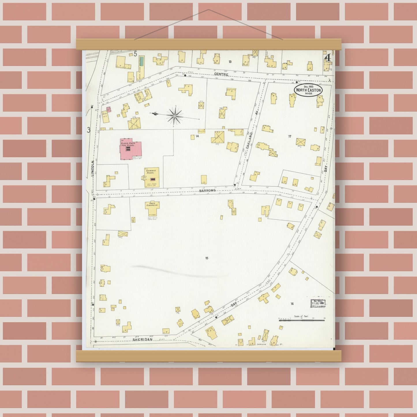 Old map wall art mockup — magnetic wood frame on brick wall — Sanborn Fire Insurance Map from North Easton, Bristol County, Massachusetts (1903), Sheet #0004