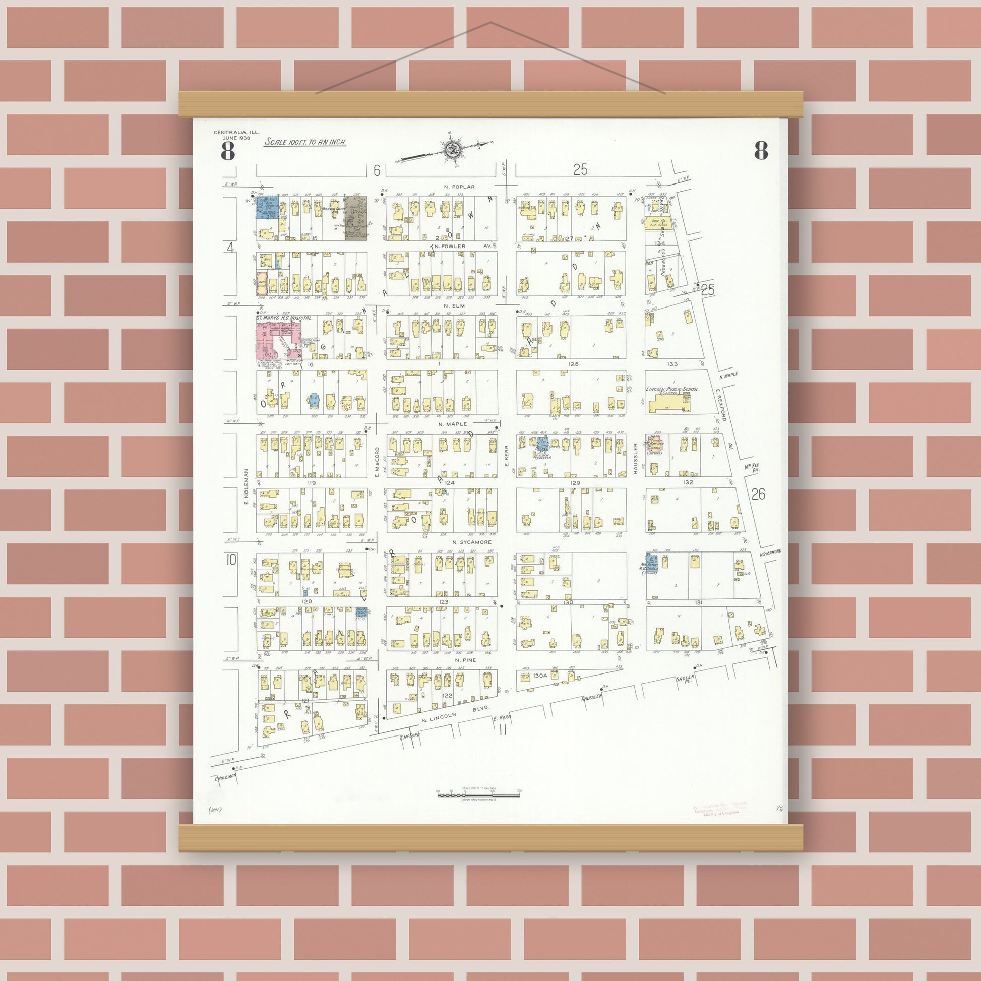 Old map wall art mockup — magnetic wood frame on brick wall — Sanborn Fire Insurance Map from Centralia, Marion, Clinton, Jefferson, and Washington Counties, Illinois (1938), Sheet #0008