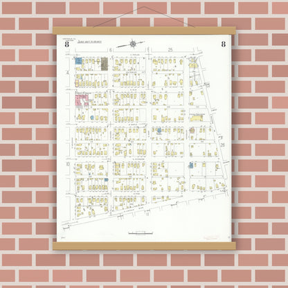 Old map wall art mockup — magnetic wood frame on brick wall — Sanborn Fire Insurance Map from Centralia, Marion, Clinton, Jefferson, and Washington Counties, Illinois (1938), Sheet #0008