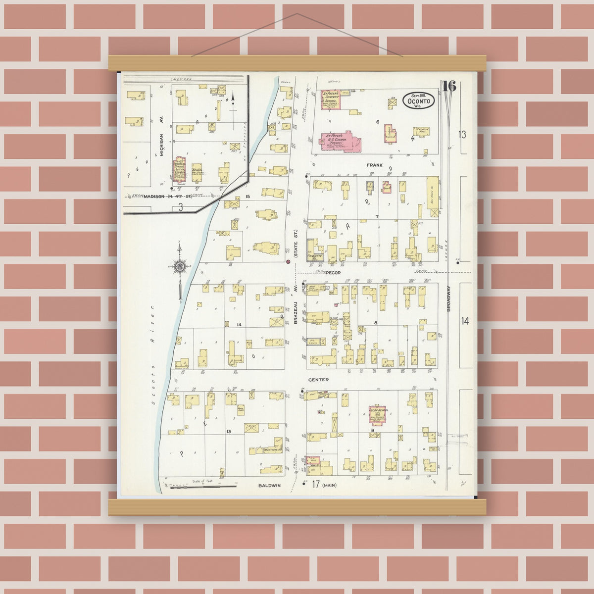 Old map wall art mockup — magnetic wood frame on brick wall — Sanborn Fire Insurance Map from Oconto, Oconto County, Wisconsin (1911), Sheet #0016