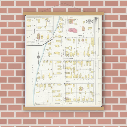 Old map wall art mockup — magnetic wood frame on brick wall — Sanborn Fire Insurance Map from Oconto, Oconto County, Wisconsin (1911), Sheet #0016