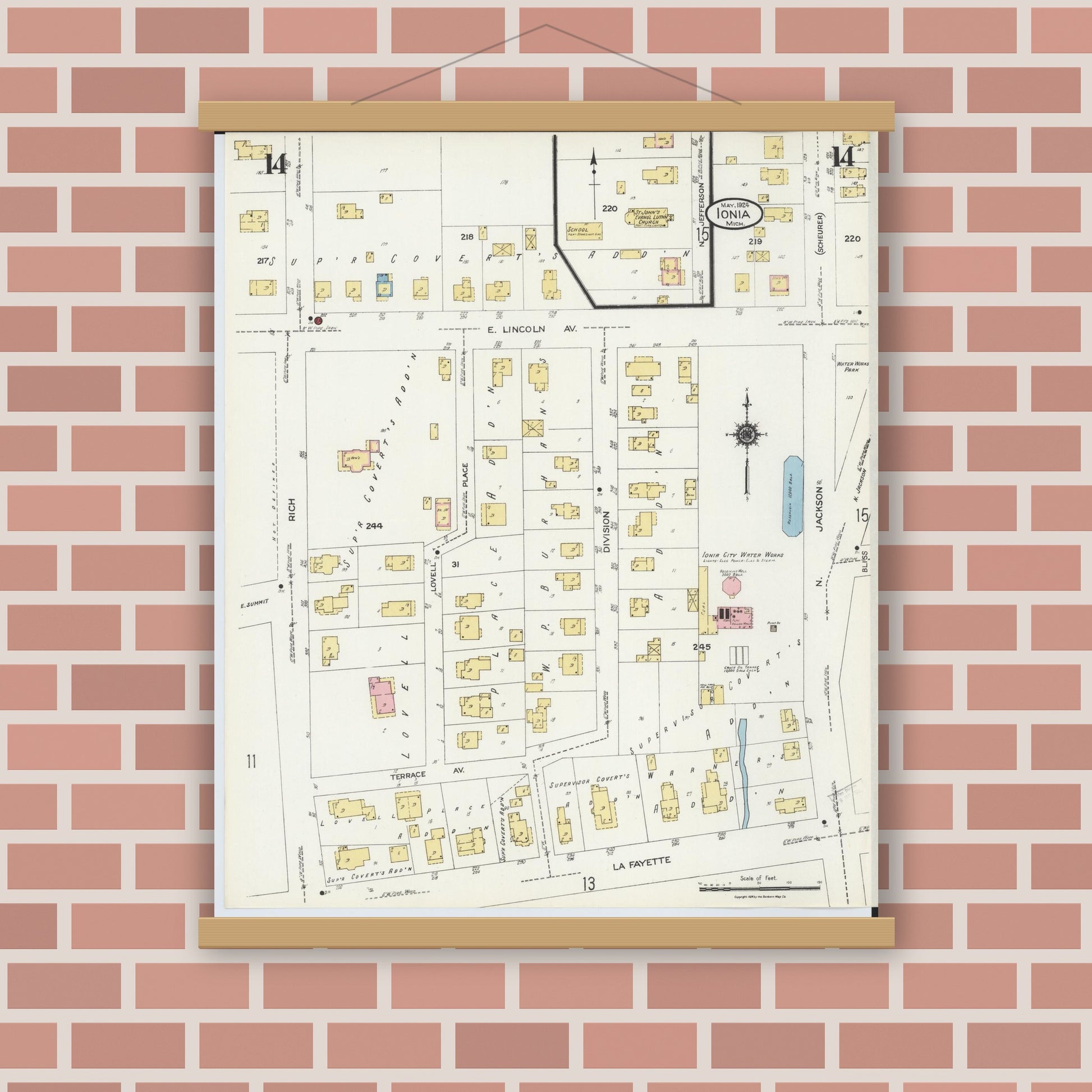 Old map wall art mockup — magnetic wood frame on brick wall — Sanborn Fire Insurance Map from Ionia, Ionia County, Michigan (1924), Sheet #0014