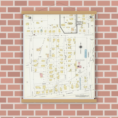 Old map wall art mockup — magnetic wood frame on brick wall — Sanborn Fire Insurance Map from Ionia, Ionia County, Michigan (1924), Sheet #0014