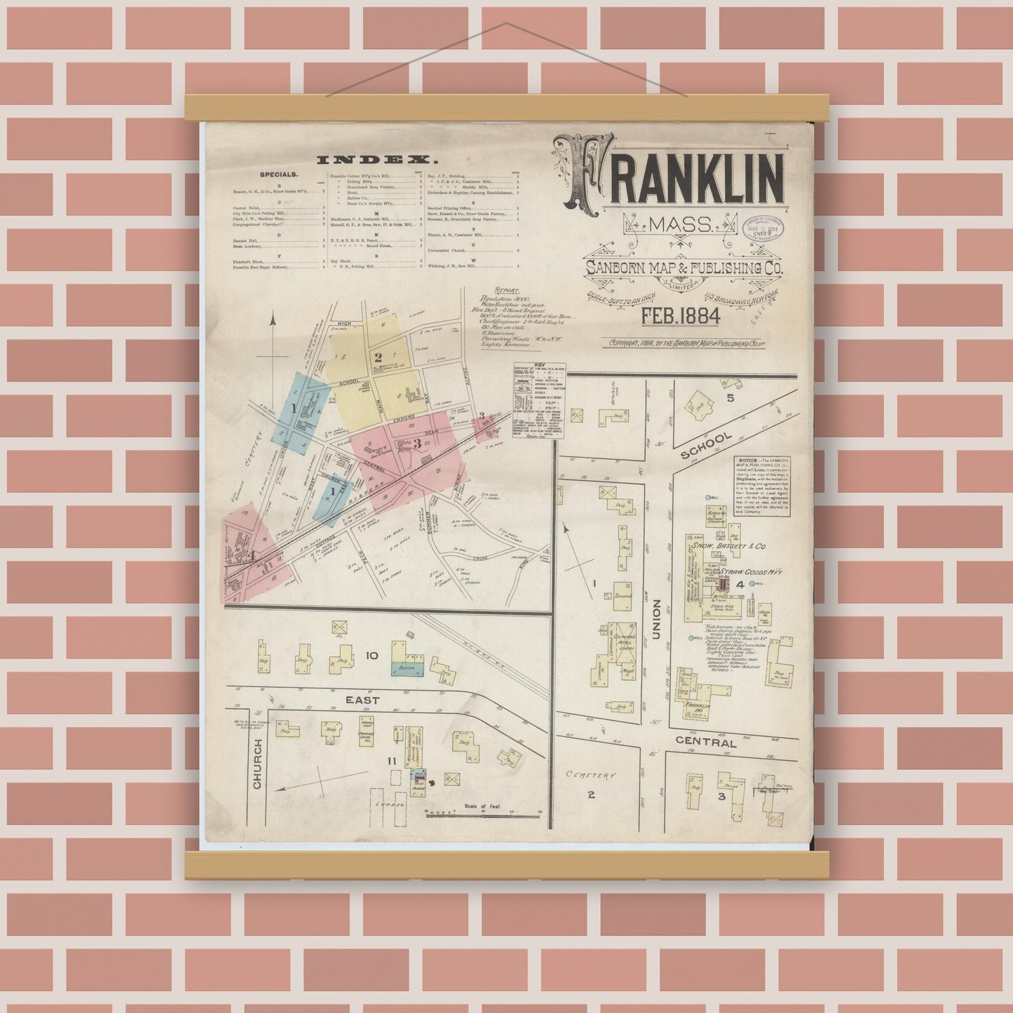 Old map wall art mockup — magnetic wood frame on brick wall — Sanborn Fire Insurance Map from Franklin, Norfolk County, Massachusetts (1884), Sheet #0001