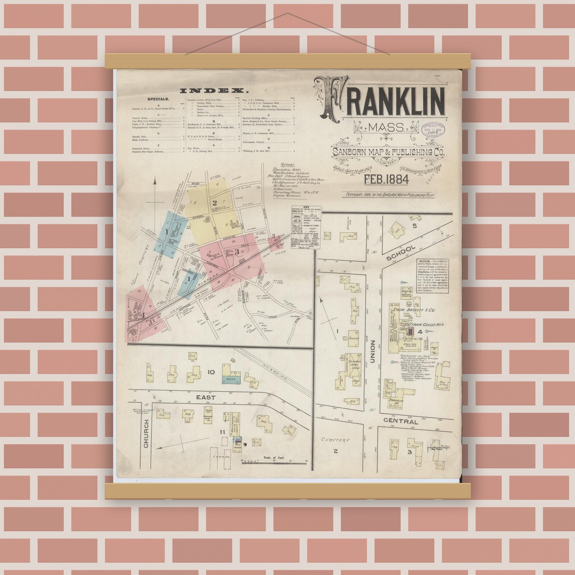 Old map wall art mockup — magnetic wood frame on brick wall — Sanborn Fire Insurance Map from Franklin, Norfolk County, Massachusetts (1884), Sheet #0001