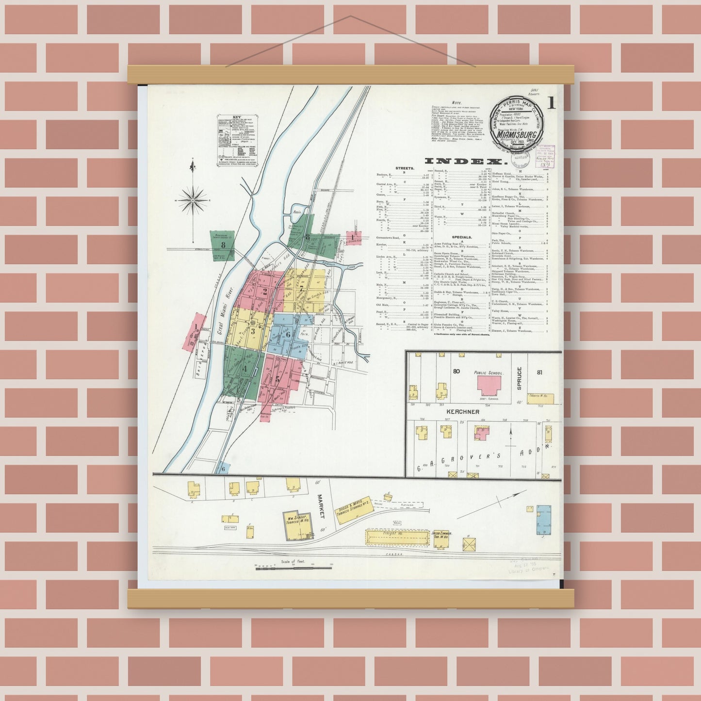 Old map wall art mockup — magnetic wood frame on brick wall — Sanborn Fire Insurance Map from Miamisburg, Montgomery County, Ohio (1901) - Complete Map Set