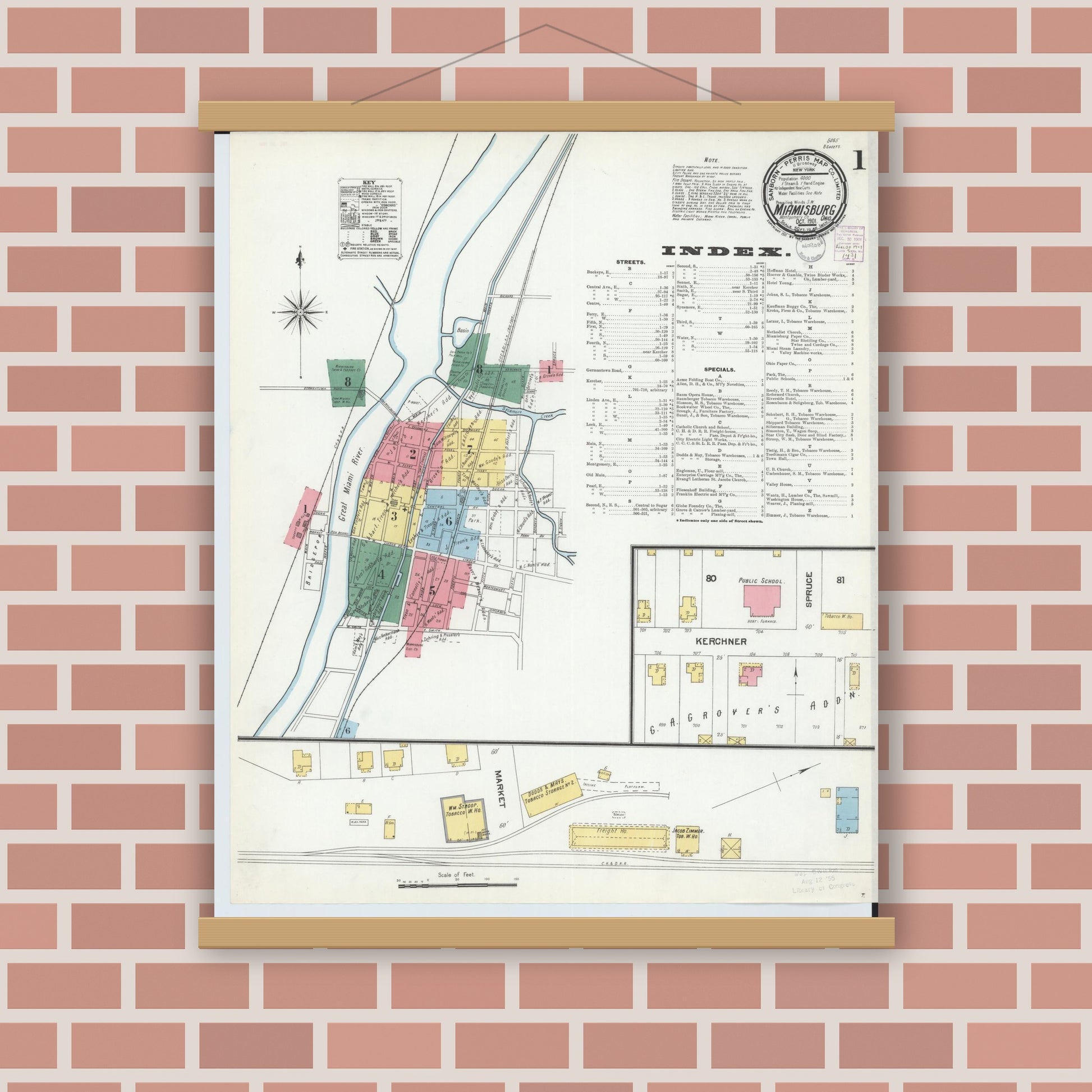 Old map wall art mockup — magnetic wood frame on brick wall — Sanborn Fire Insurance Map from Miamisburg, Montgomery County, Ohio (1901) - Complete Map Set