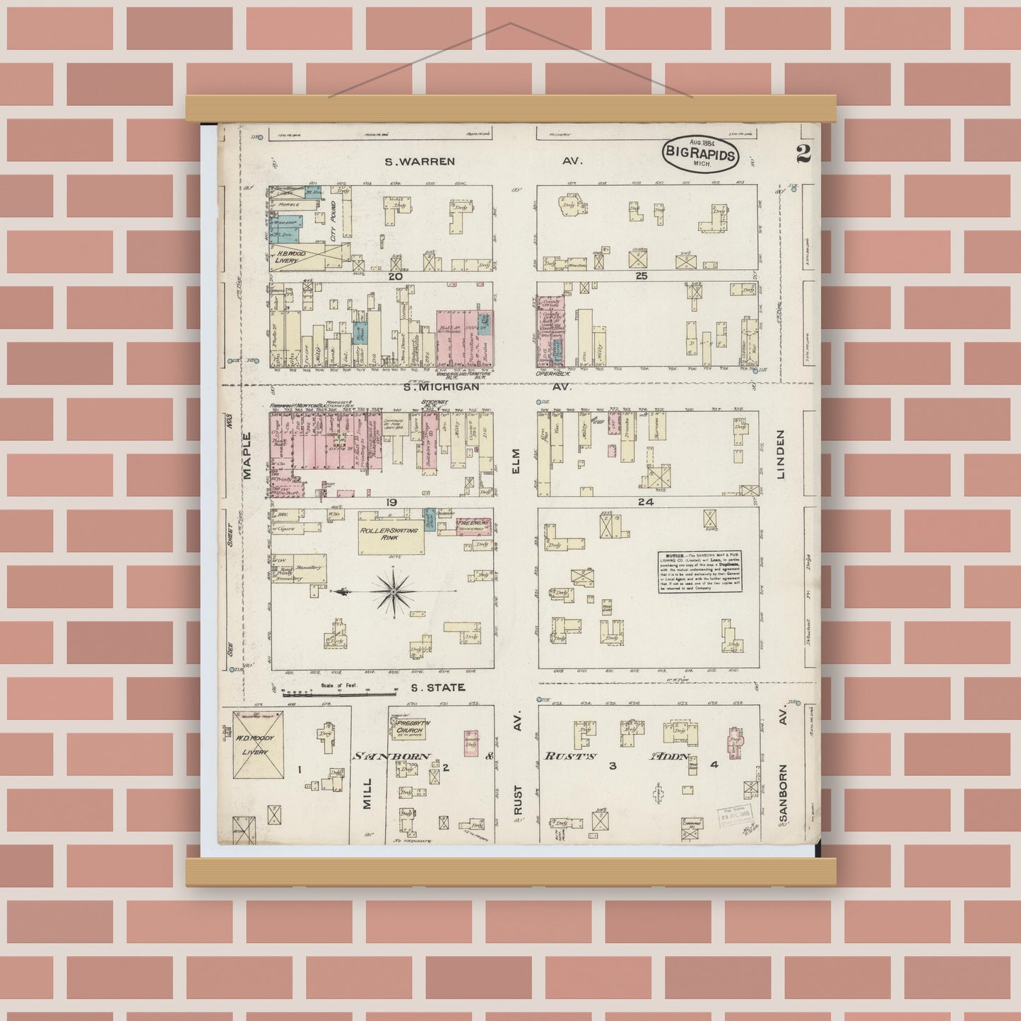Old map wall art mockup — magnetic wood frame on brick wall — Sanborn Fire Insurance Map from Big Rapids, Mecosta County, Michigan (1884), Sheet #0002