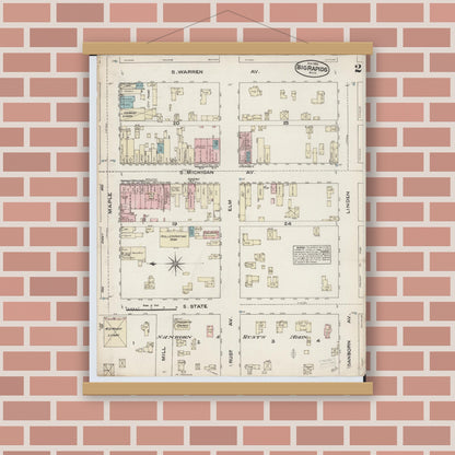 Old map wall art mockup — magnetic wood frame on brick wall — Sanborn Fire Insurance Map from Big Rapids, Mecosta County, Michigan (1884), Sheet #0002